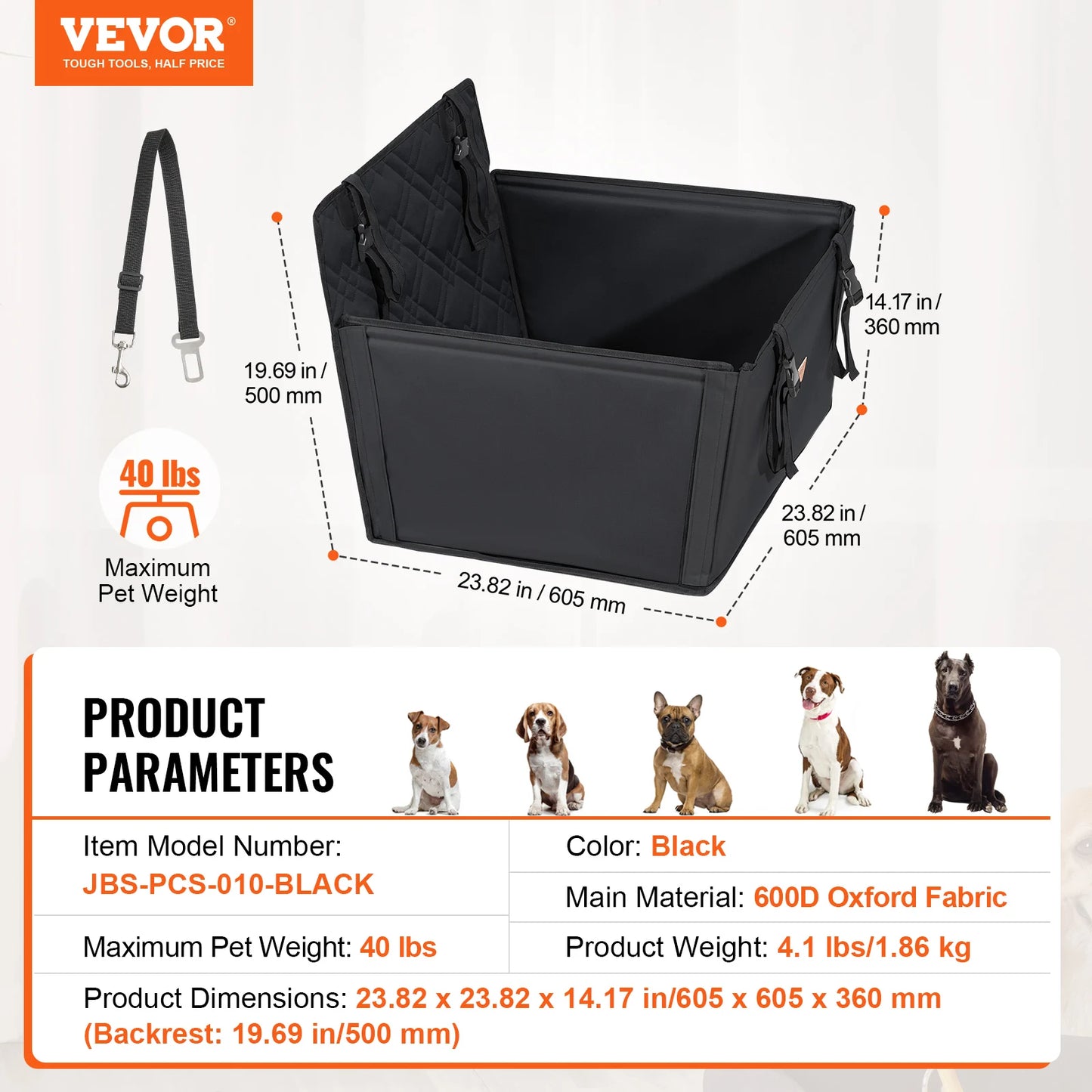 Waterproof Dog Car Booster Seat with Safety Leash