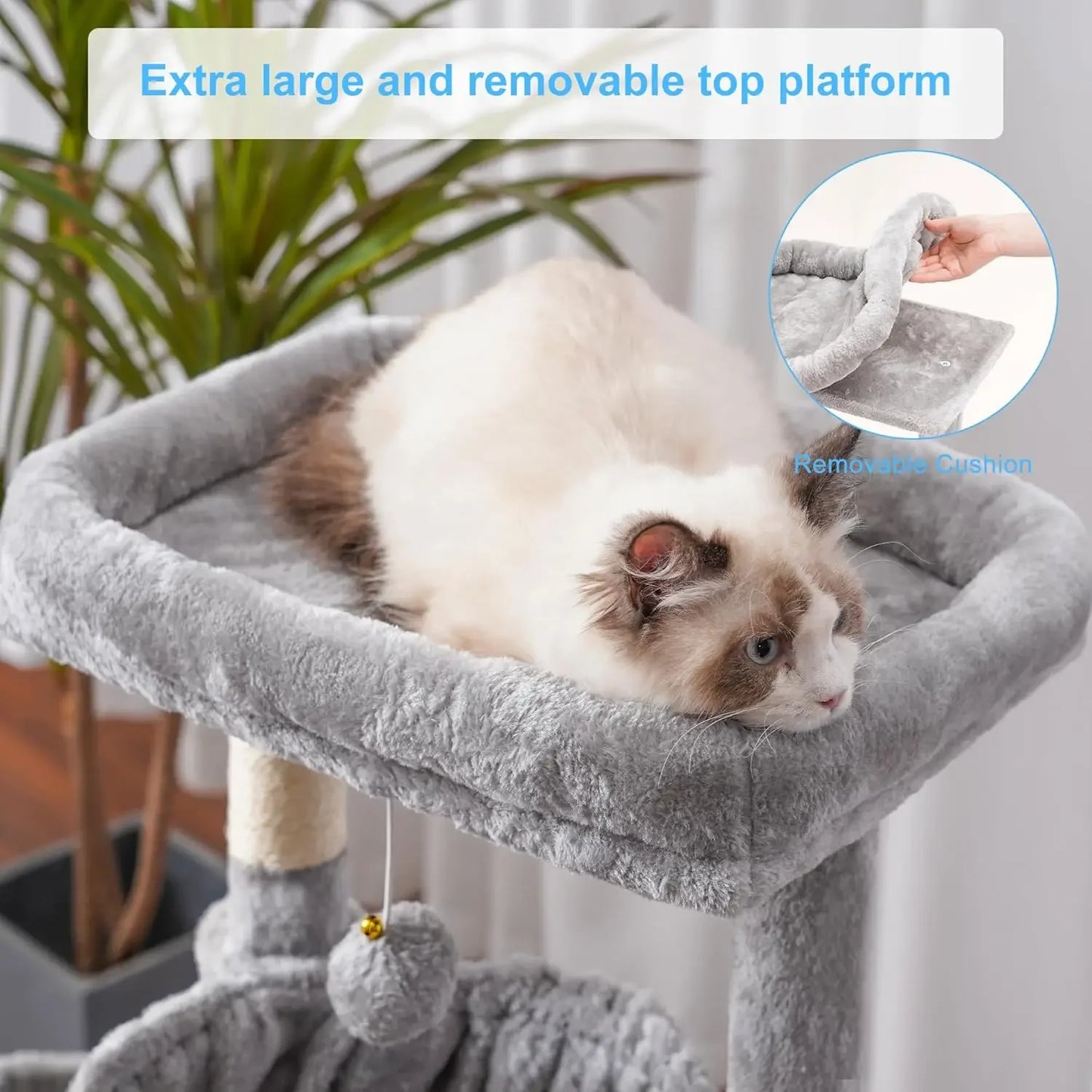 Cat Tree for Indoor Cats, Large Padded Bed, Hammocks, Sisal Scratching Posts, Light Gray