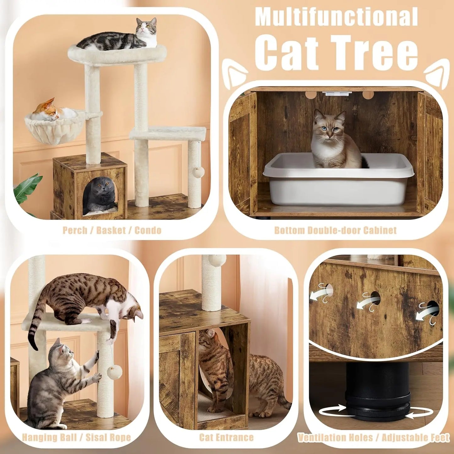All-in-One Cat Litter Box Enclosure with Cat Tree, Scratching Posts, Wooden Furniture, Rustic Brown/Beige