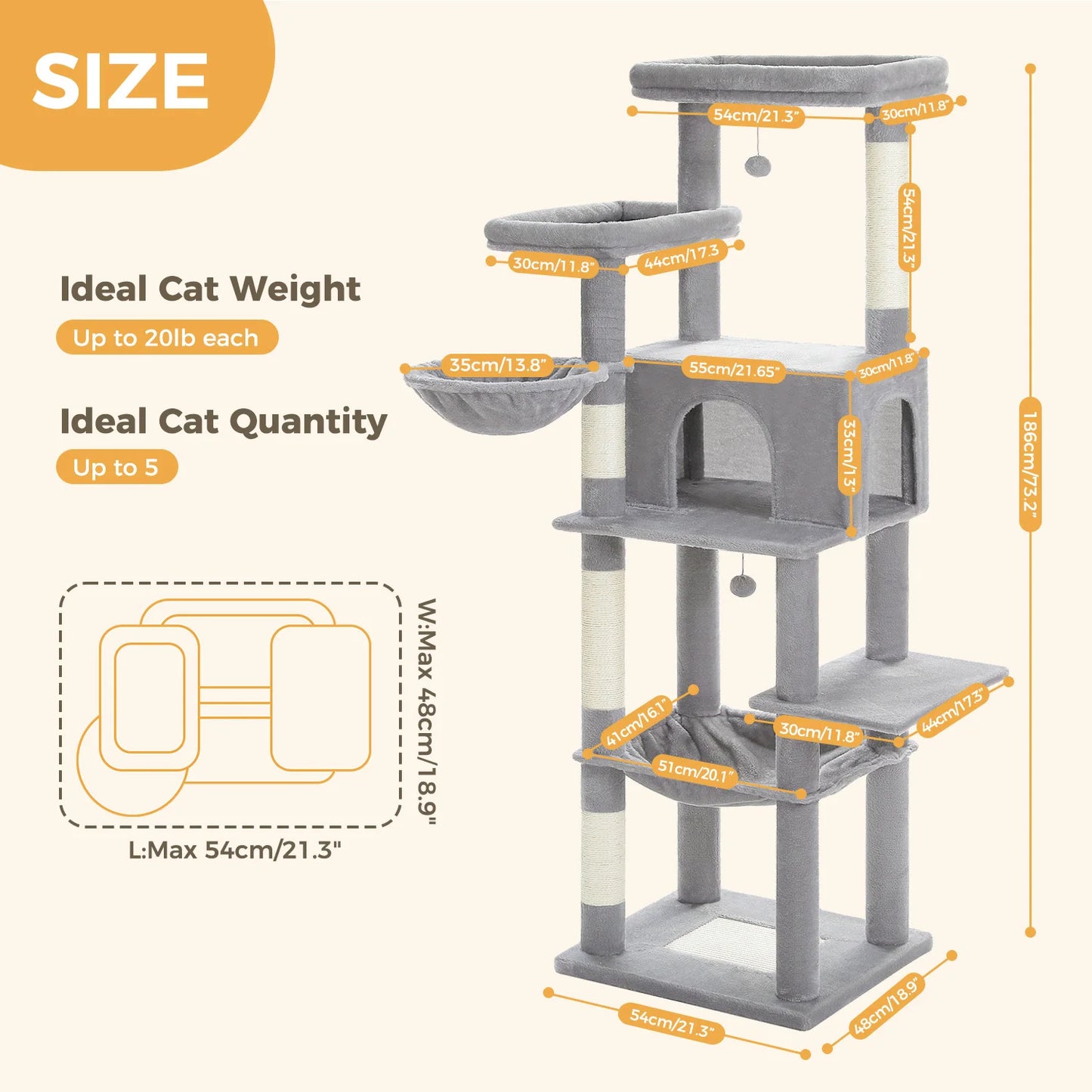 Large Cat Tree for Indoor Cats with Scratching Posts & Hammock