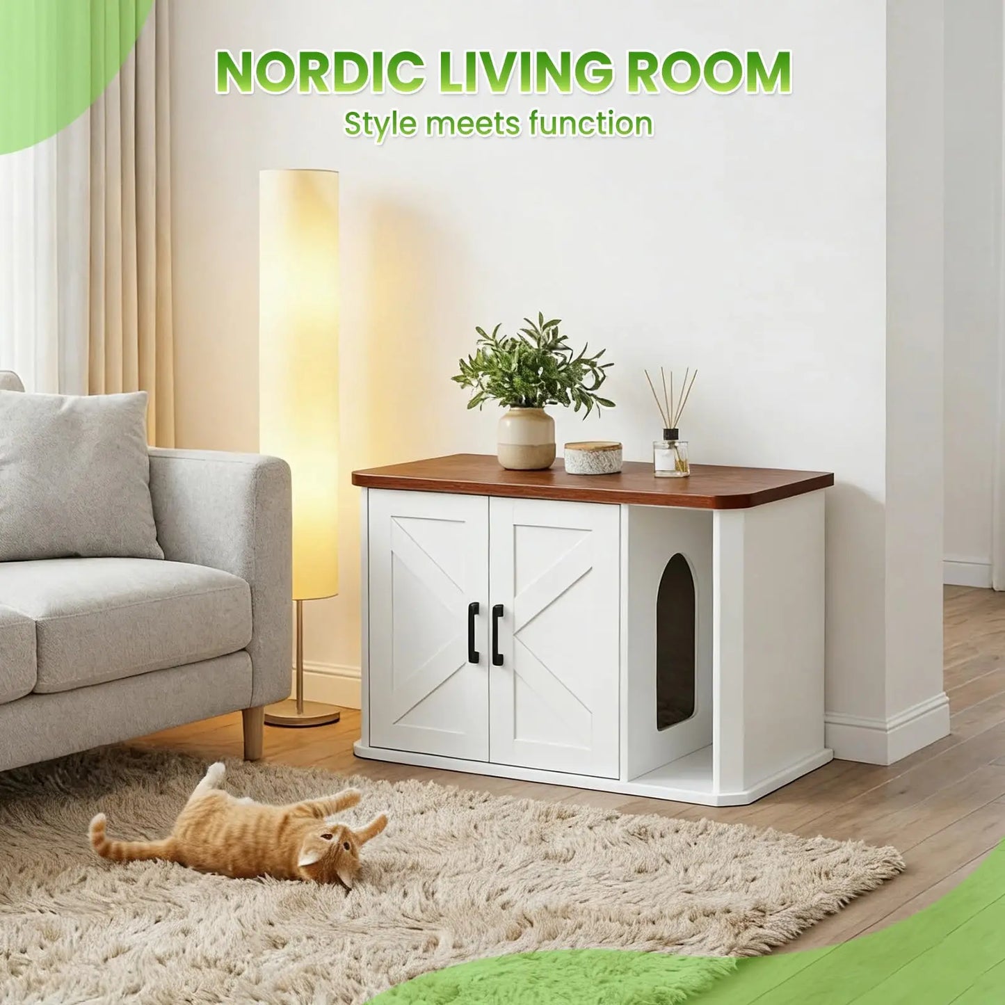 Hidden Cat Litter Box Enclosure Furniture Wooden Cat Washroom Cabinet With Double Doors Side Entry Modern Pet House End Table