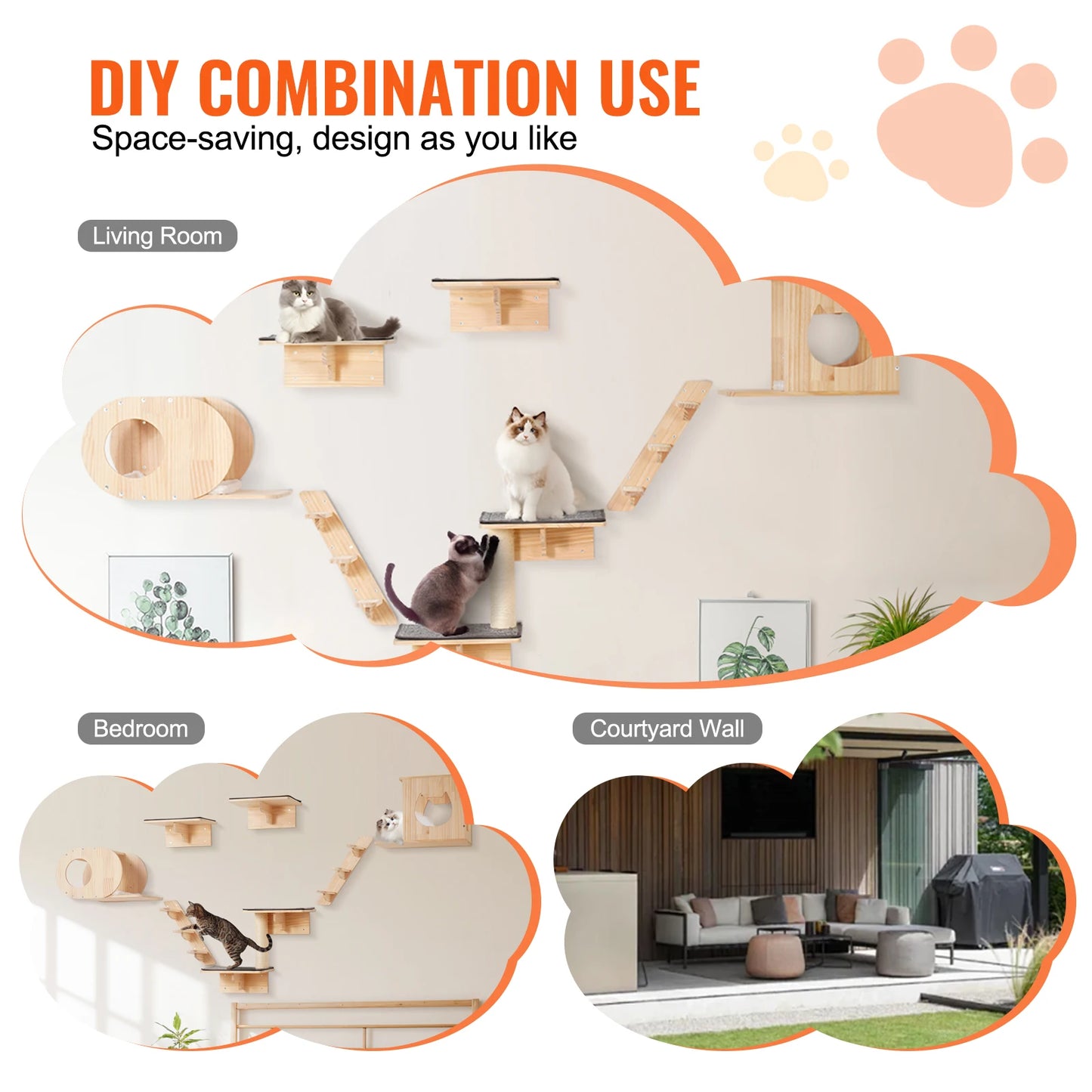 Wall-Mounted Cat Shelves with Perches, Jumping Boards & Hammock