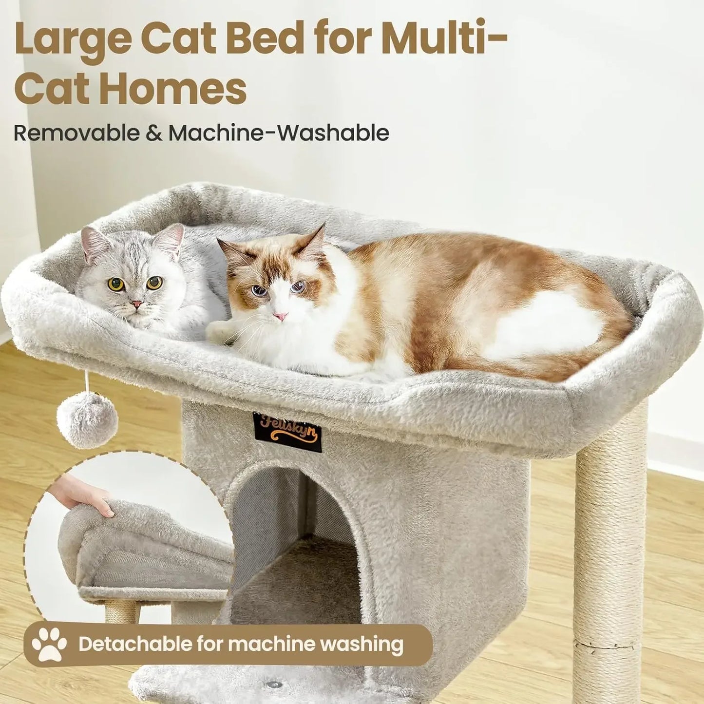 Cat Tree Tower Scratching Post for Indoor Large Cats, 28in with Perch Bed, Condo Cave, Toy Balls, Modern Climbing Furniture (Light Gray)