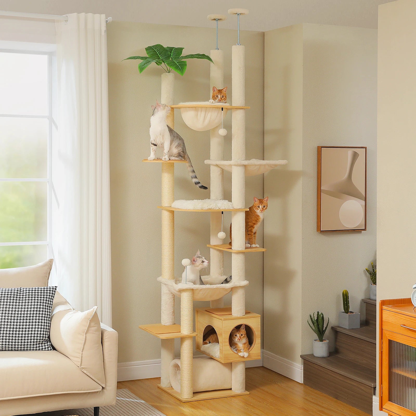 Height-Adjustable Wooden Cat Tree with Hammock & Sisal Posts - front view