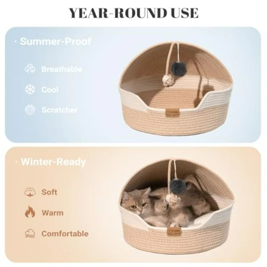 Cat Basket Bed with Washable Cushion and Ball Rope Cotton, Covered Pet Bed for Indoor Cats Cave Bed Hooded, Stimulicat Cat Bed