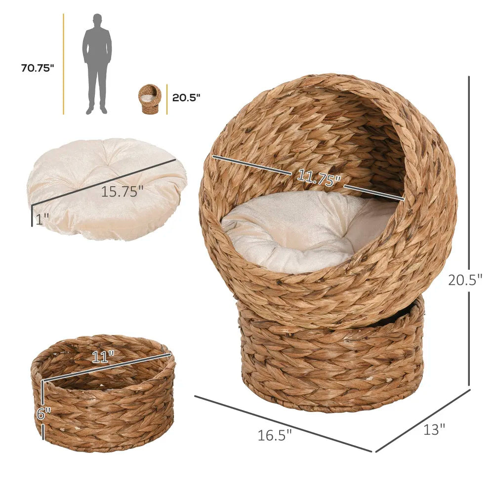 PawHut Handwoven Elevated Cat Bed with Soft Cushion, Egg Chair Shape, Stand, 23.5" H, Brown for Indoor Cats