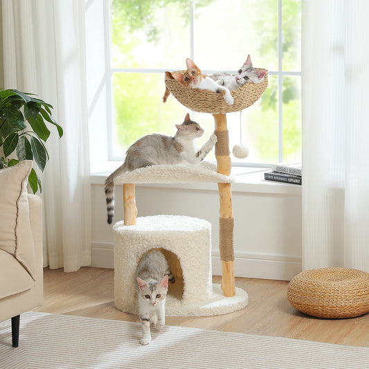 Modern Solid Wood Cat Tree with Wicker Basket & Condo - front view