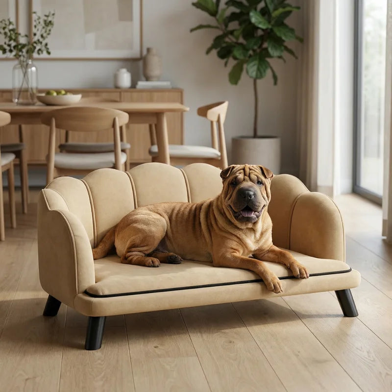PawHut Pearl Design Pet Sofa for Medium and Large Sized Dogs, Pet Bed with Cushion and Solid Wood Legs, Coffee