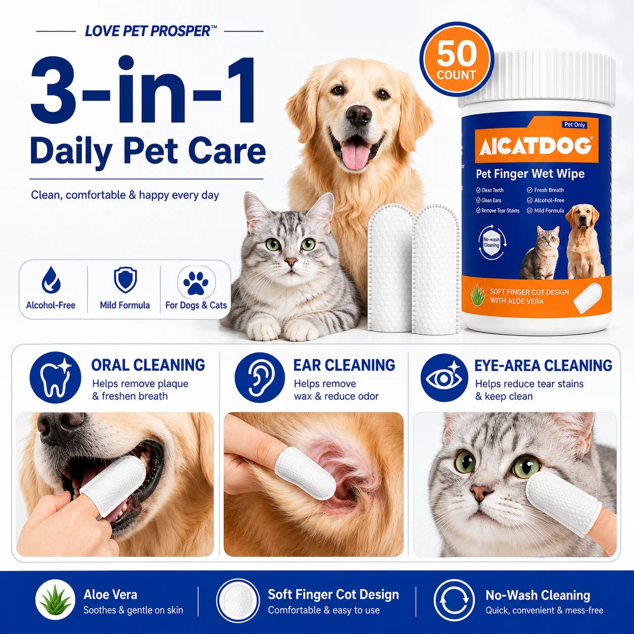 Pet Finger Wipes for Dogs & Cats, 50 Count Dog Dental Wipes & Cat Ear Wipes, Soft Finger Cot Pet Cleaning Wipes for Teeth, Ears & Tear Stains, Alcohol-Free Aloe Vera Grooming Wipes