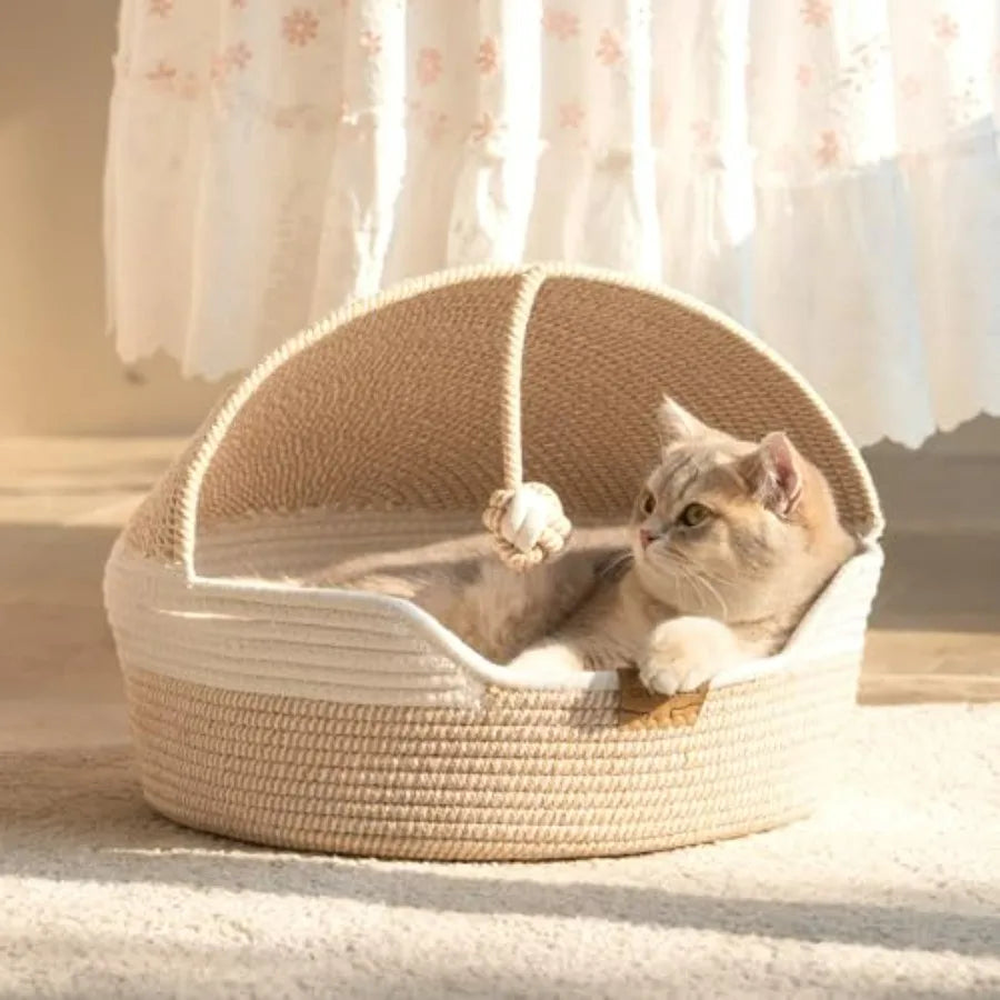 Cat Basket Bed with Washable Cushion and Ball Rope Cotton, Covered Pet Bed for Indoor Cats Cave Bed Hooded, Stimulicat Cat Bed