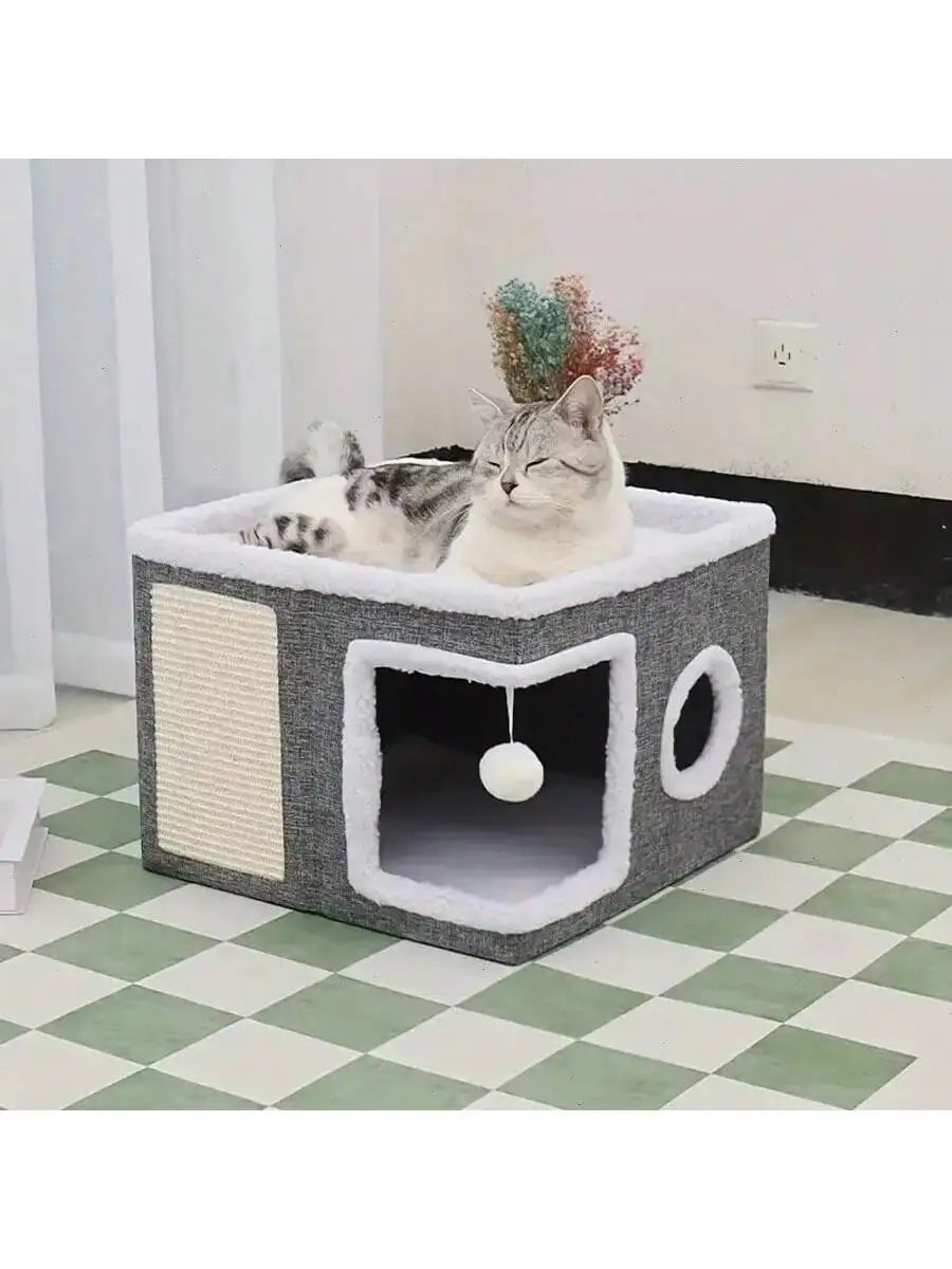 Foldable 4-Season Cat Play Cube with Bed & Tunnel - front view