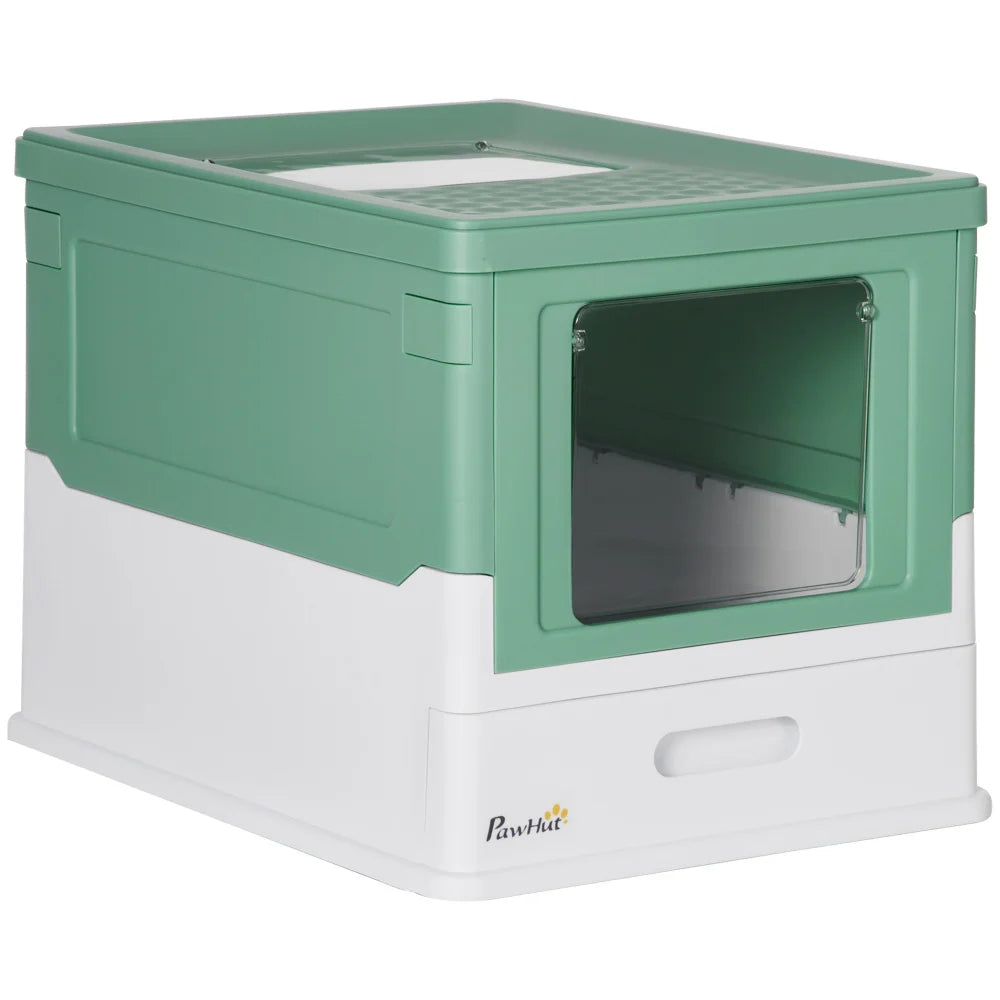 PawHut Fully Enclosed Cat Litter Box with Scoop, Hooded House with Drawer Tray, Foldable Smell - Proof Potty, Front Entry, Top Exit, Portable Pet Toilet, Large Space, Green