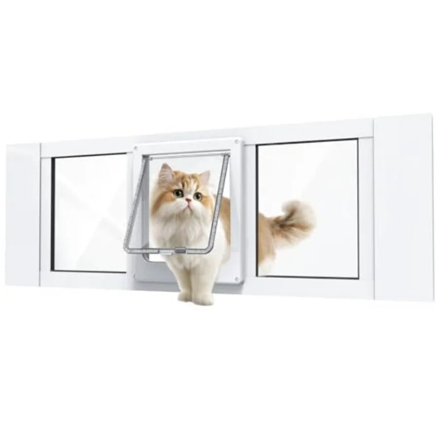 Cat Door for Window, Aluminum Cat Door Window Insert with 4 Secure Lock Modes, Magnectic Closure for Cats, Fit Window Width 28"