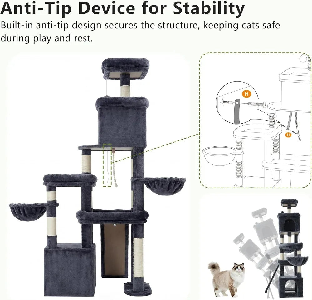72.4" Anti-Tip Cat Tree for Large Cats, Spacious Perches, Sisal Scratching Board, Smoky Gray