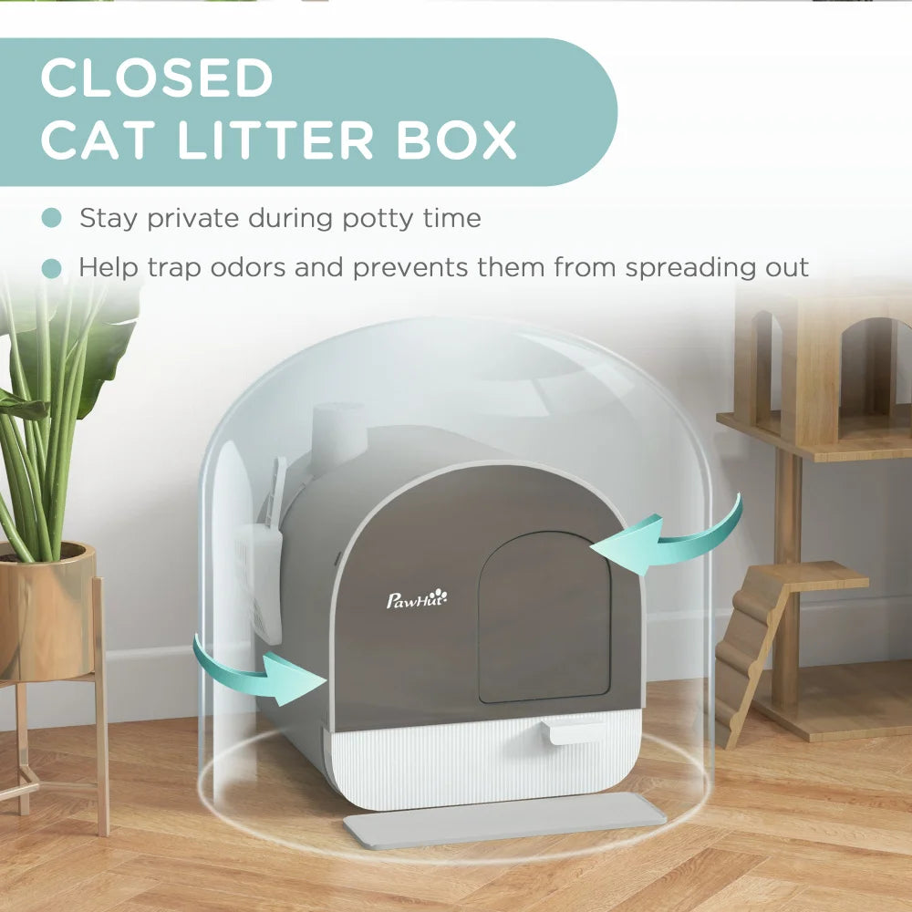 PawHut Cat Litter Box with Lid, Covered for Indoor Cats, Comes with Tray, Scoop, Filter, 17" x 17" x 18.5", Light Gray
