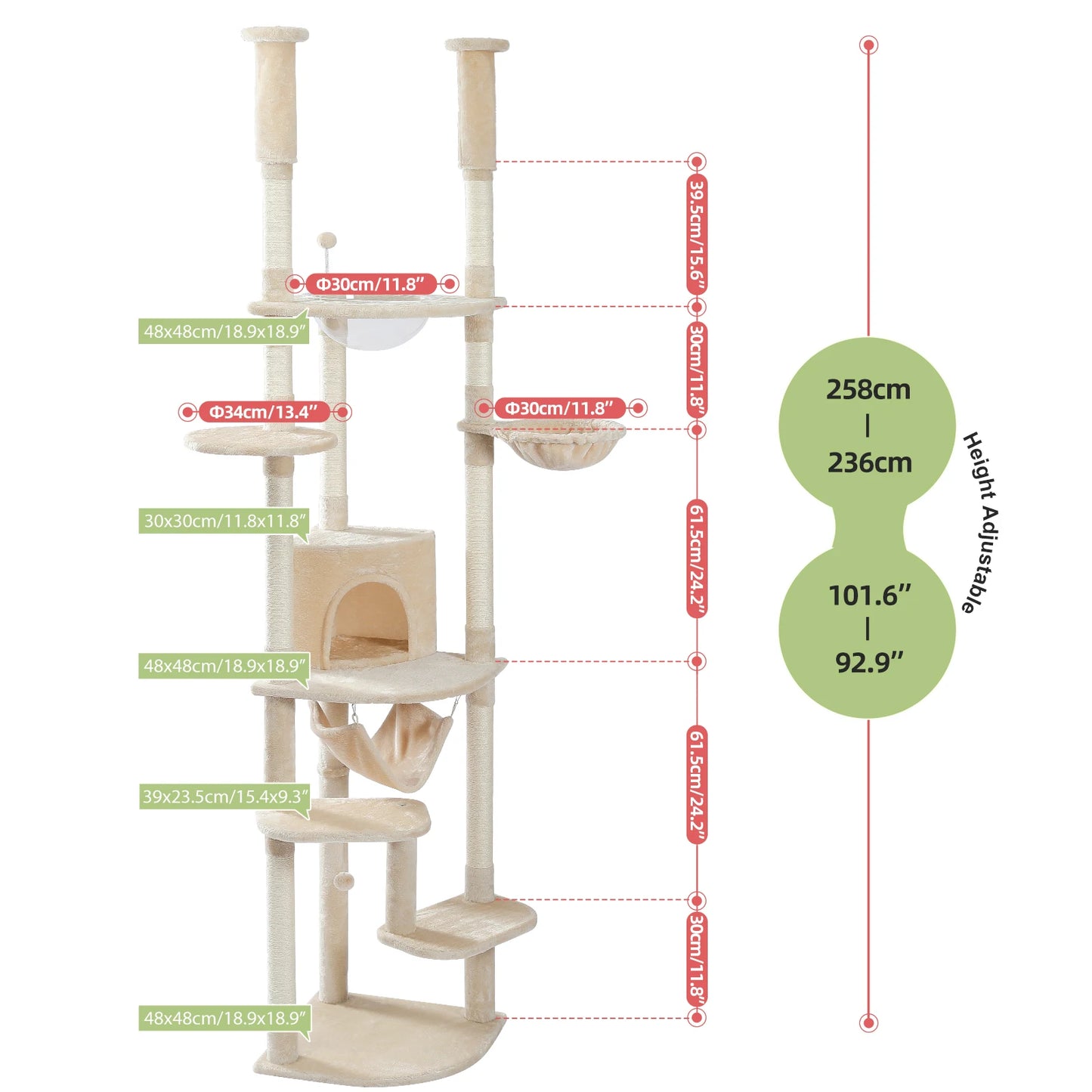 Floor-to-Ceiling Cat Tree with Hammock & Sisal Scratching Posts