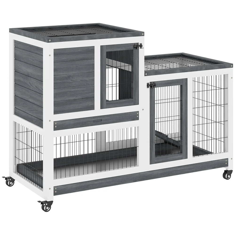 PawHut Wooden Rabbit Hutch: Elevated Indoor Small Animal Habitat with Enclosed Run, Wheels, Ramp, Removable Tray - Ideal for Guinea Pigs, Grey