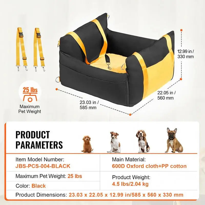 Dog car seat, dog booster seat with side handles and storage bag, attachable safety leash and PP cotton filling, dog car bed for small dogs up to 25 lbs, black