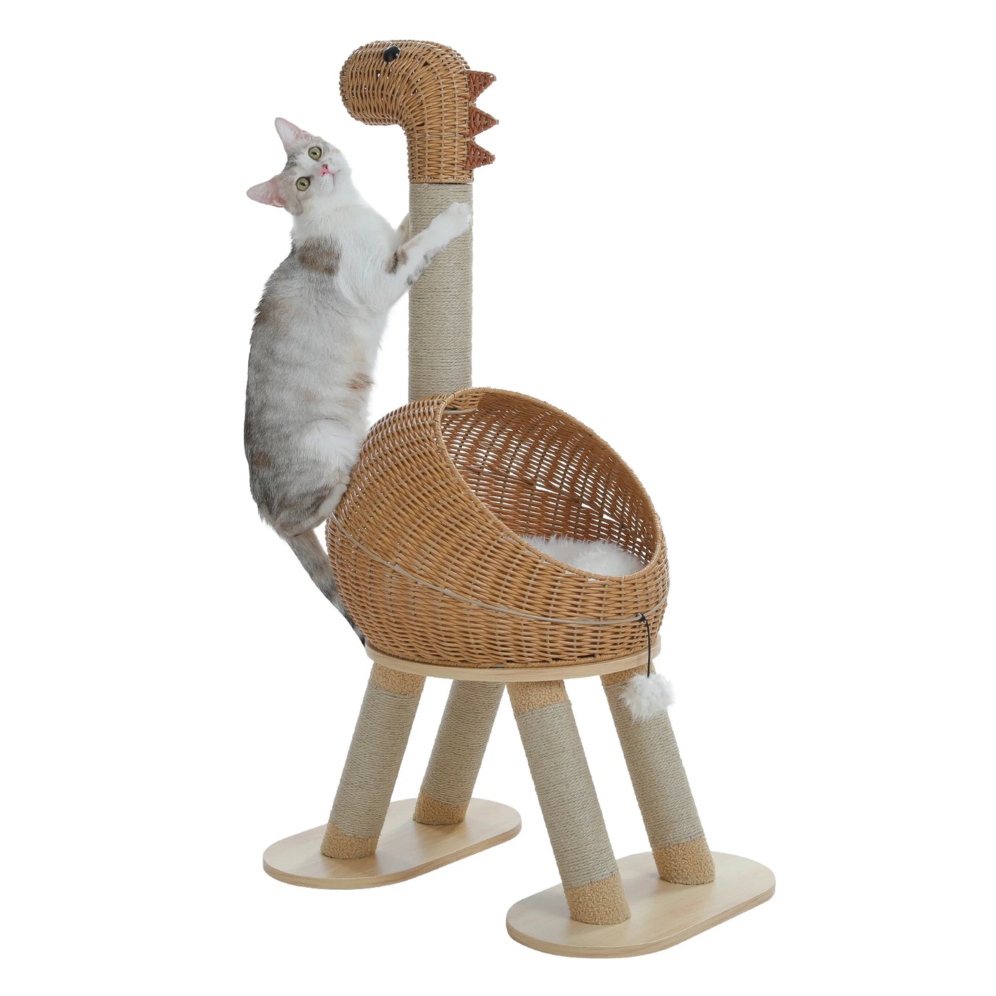 Dinosaur Cat Tree with Sisal Post & Rattan Condo Bed