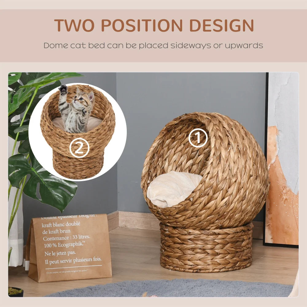 PawHut Handwoven Elevated Cat Bed with Soft Cushion, Egg Chair Shape, Basket Bed with Stand, 23.5" H, Brown for Indoor Cats