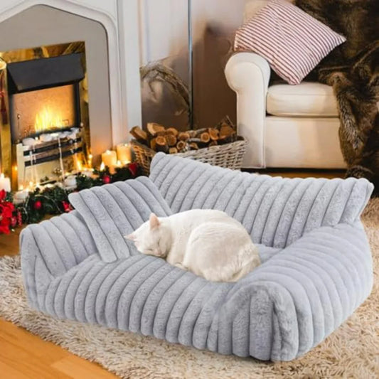 Cute Cat Couch Bed for Indoor Cats, Fluffy Pet Cat Sofa with Premium Soft Corduroy Fleece, Cute Dog Beds for Dogs, Fuzzy Puppy