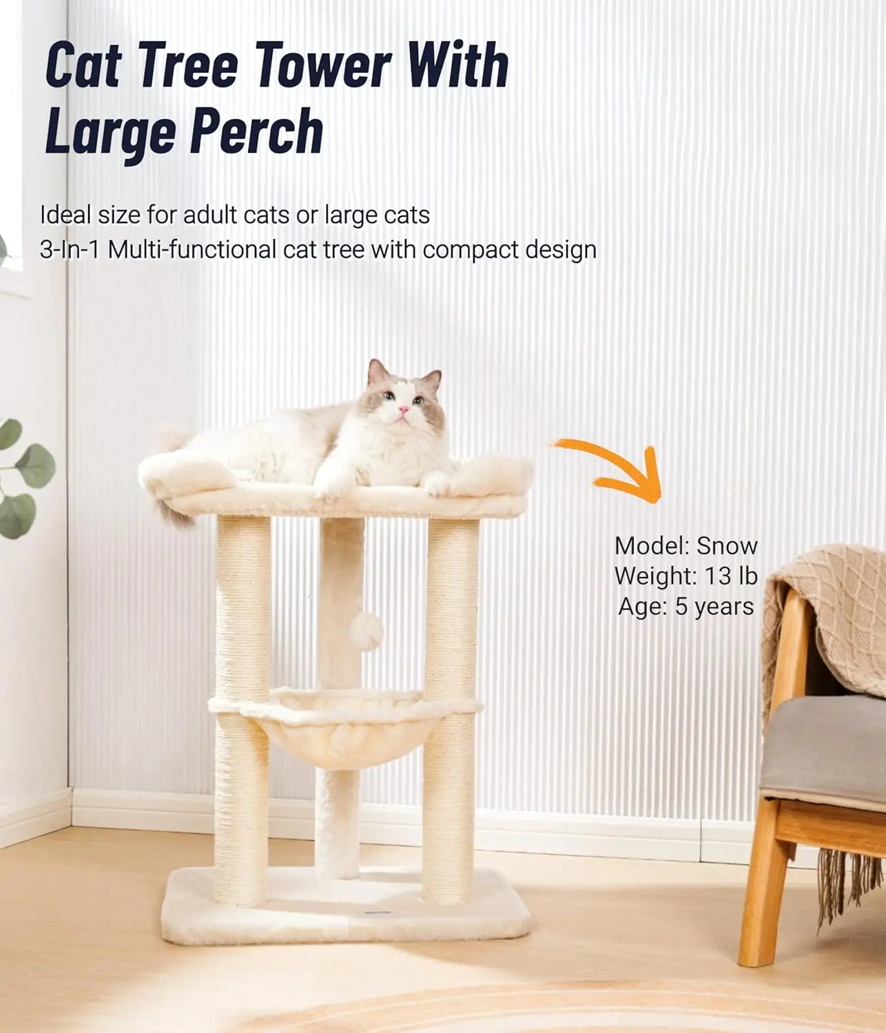 28" Cat Tree with Large Bed for Big Cats, Scratching Post & Hammock, Stable Design, Beige