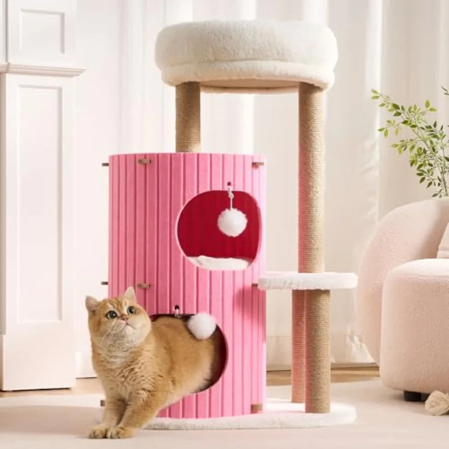Modern Cat Tree for Indoor Cats Large Adult, 36in H Cat Tree Tower with Scratching Posts, Cozy Cat Bed Cave, Washable Cushions,
