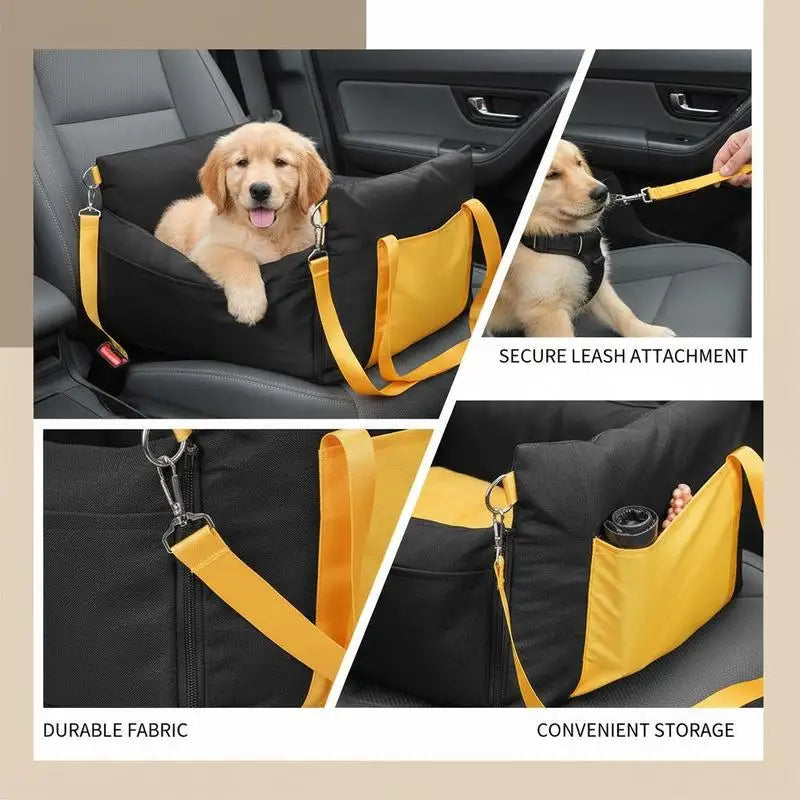 Dog car seat, dog booster seat with side handles and storage bag, attachable safety leash and PP cotton filling, dog car bed for small dogs up to 25 lbs, black