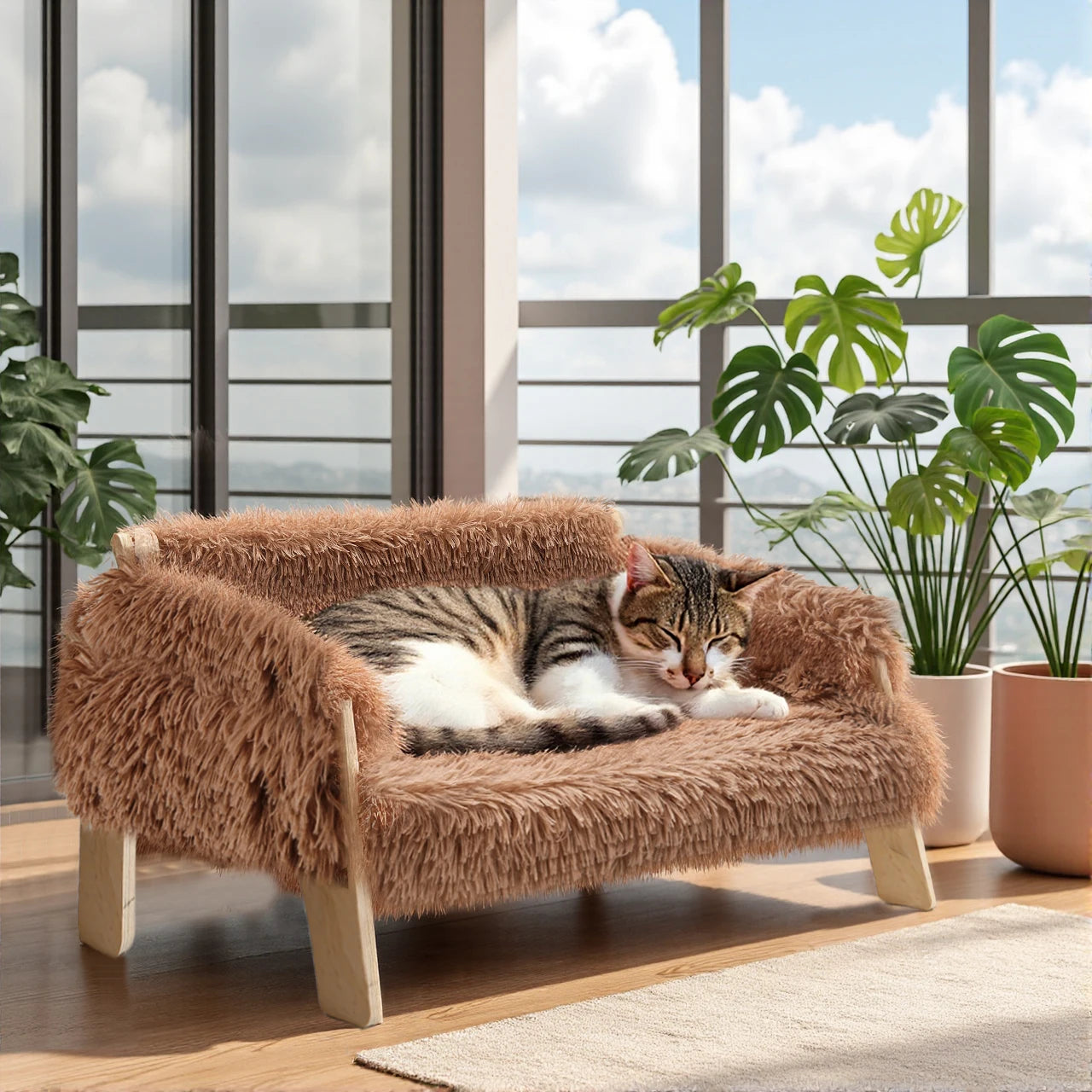 Large Raised Plush Cat Sofa Bed with Wooden Legs - front view