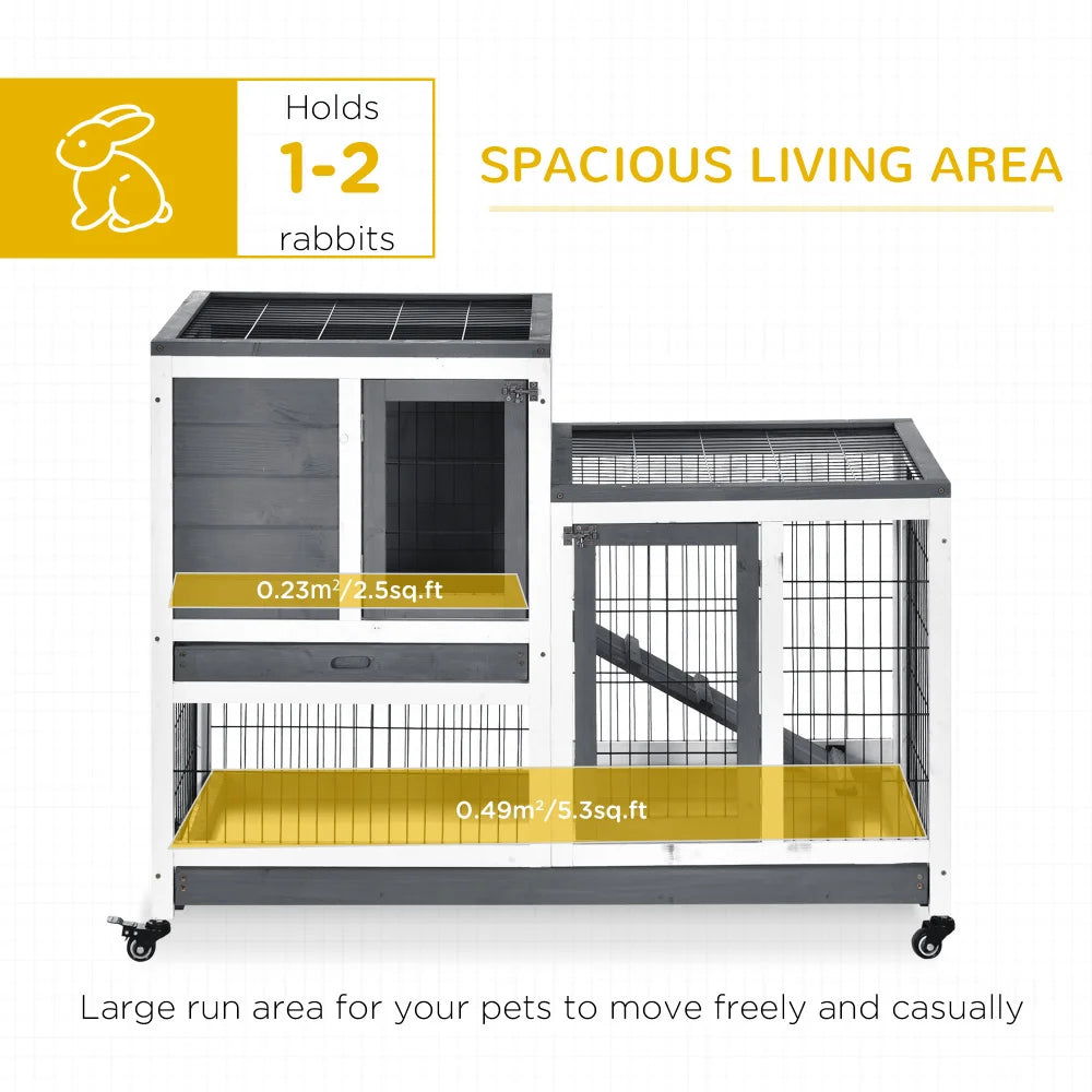 PawHut Wooden Rabbit Hutch: Elevated Indoor Small Animal Habitat with Enclosed Run, Wheels, Ramp, Removable Tray - Ideal for Guinea Pigs, Grey