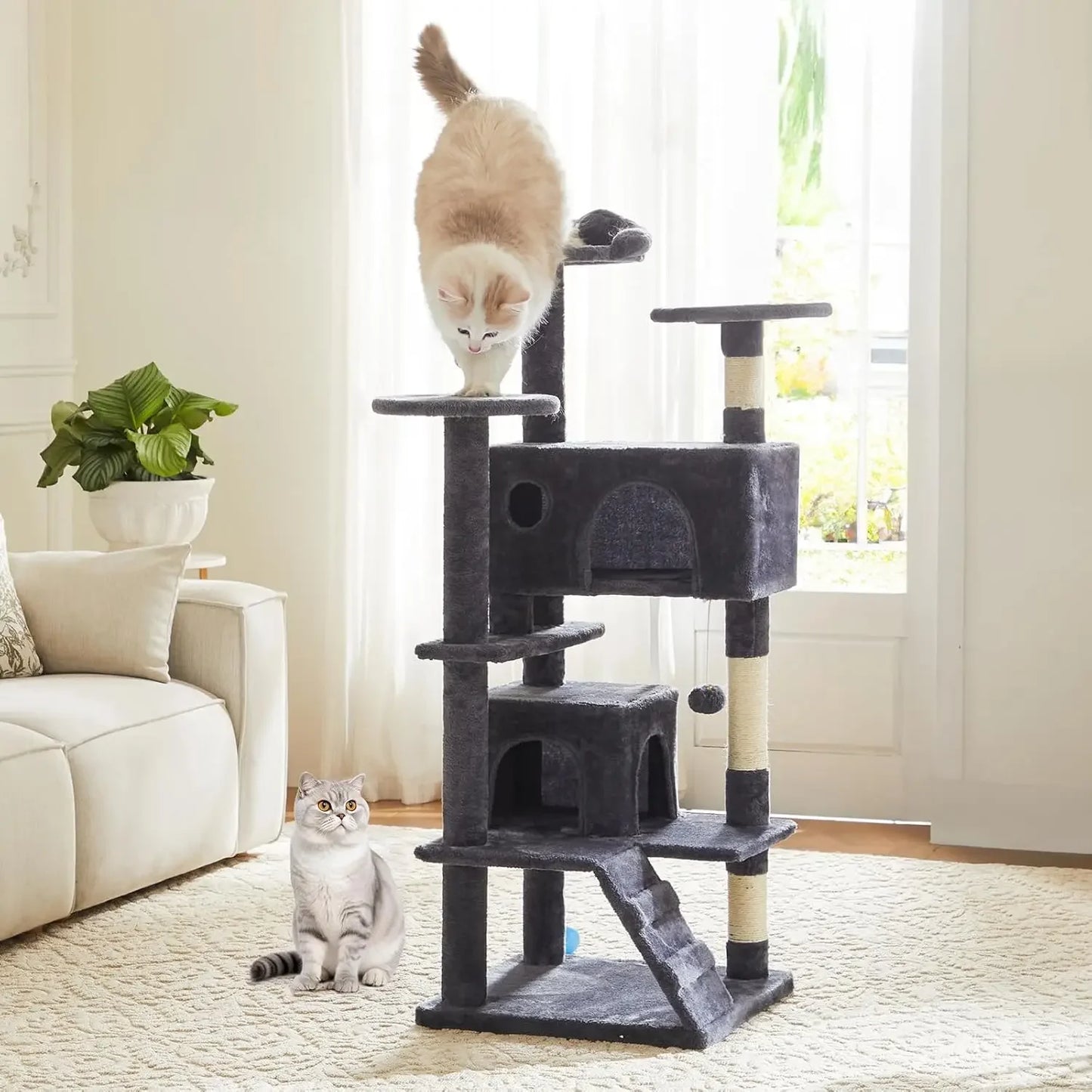 54-Inch Multi-Level Cat Tree for Large Cats with 2 Condos, Scratching Posts, Ladder, Toys, Dark Grey