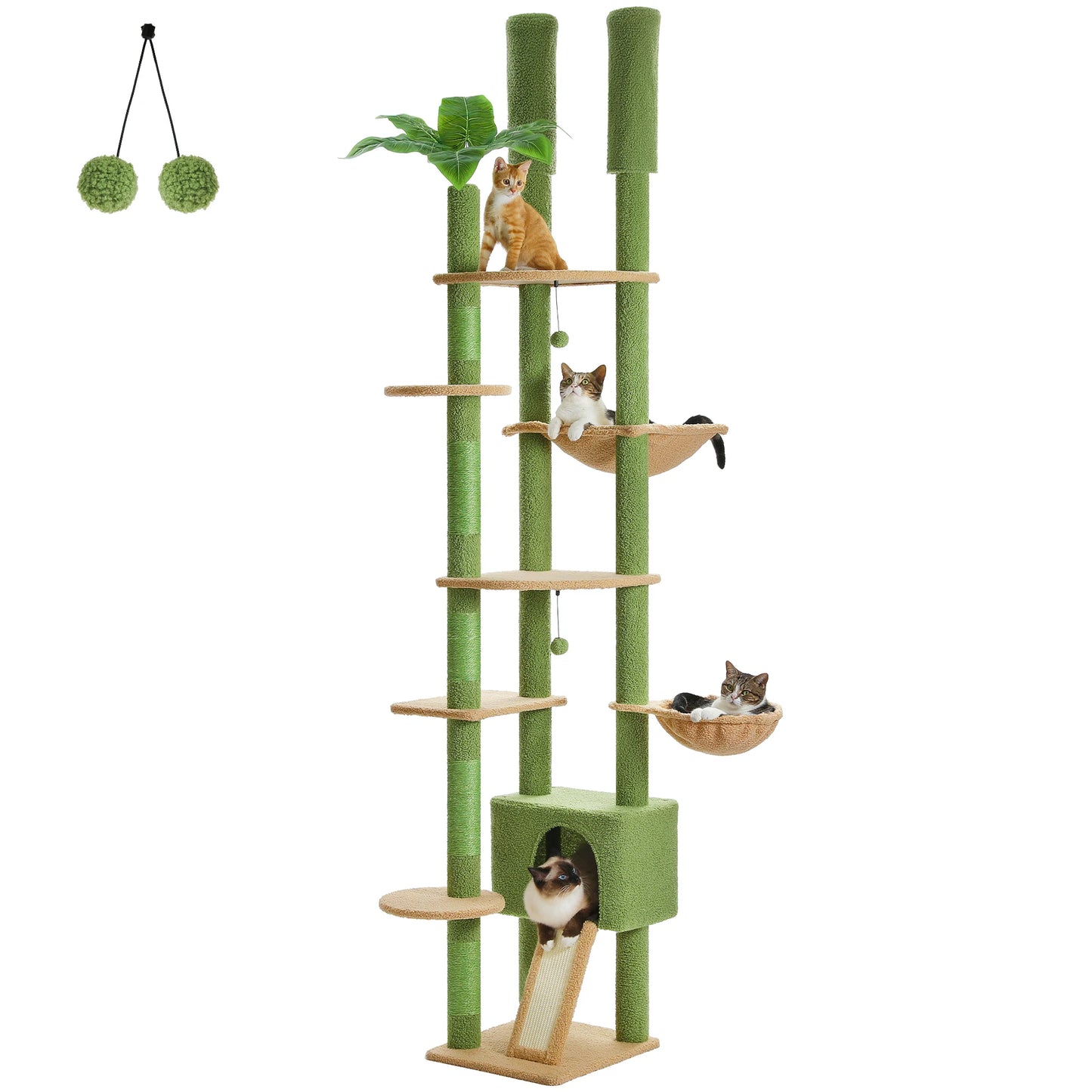 Height-Adjustable Wooden Cat Tree with Hammock & Sisal Posts