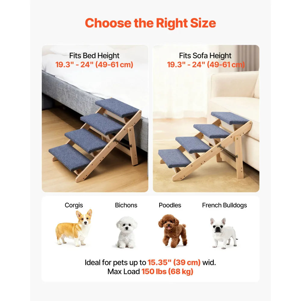 Ye Wood Pet Stairs: 4-Step Dog Stairs for Beds, Sofa & Cars, 150lbs Capacity, Folded Flat Design, Stable Ladder for Small, Medium, Large & Older Pets