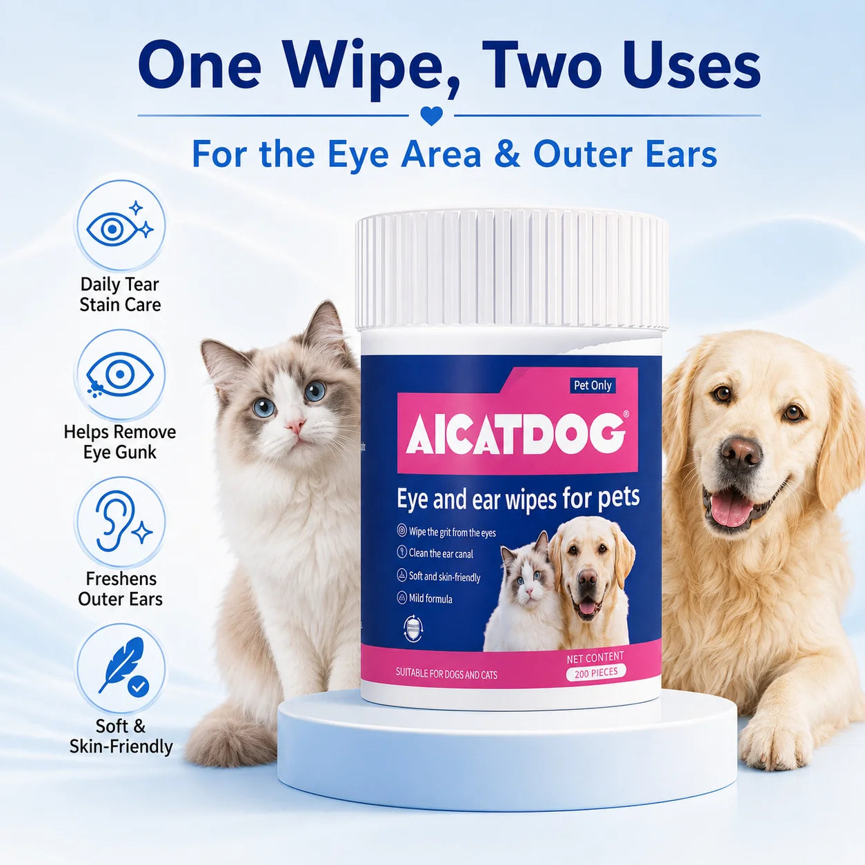 OVE PET PROSPER Pet Eye & Ear Wipes for Dogs and Cats, 200 Count, Alcohol-Free pH Balanced Grooming Wipes with Vitamin B5, Gentle Tear Stain, Eye Crust & Outer Ear Cleaner