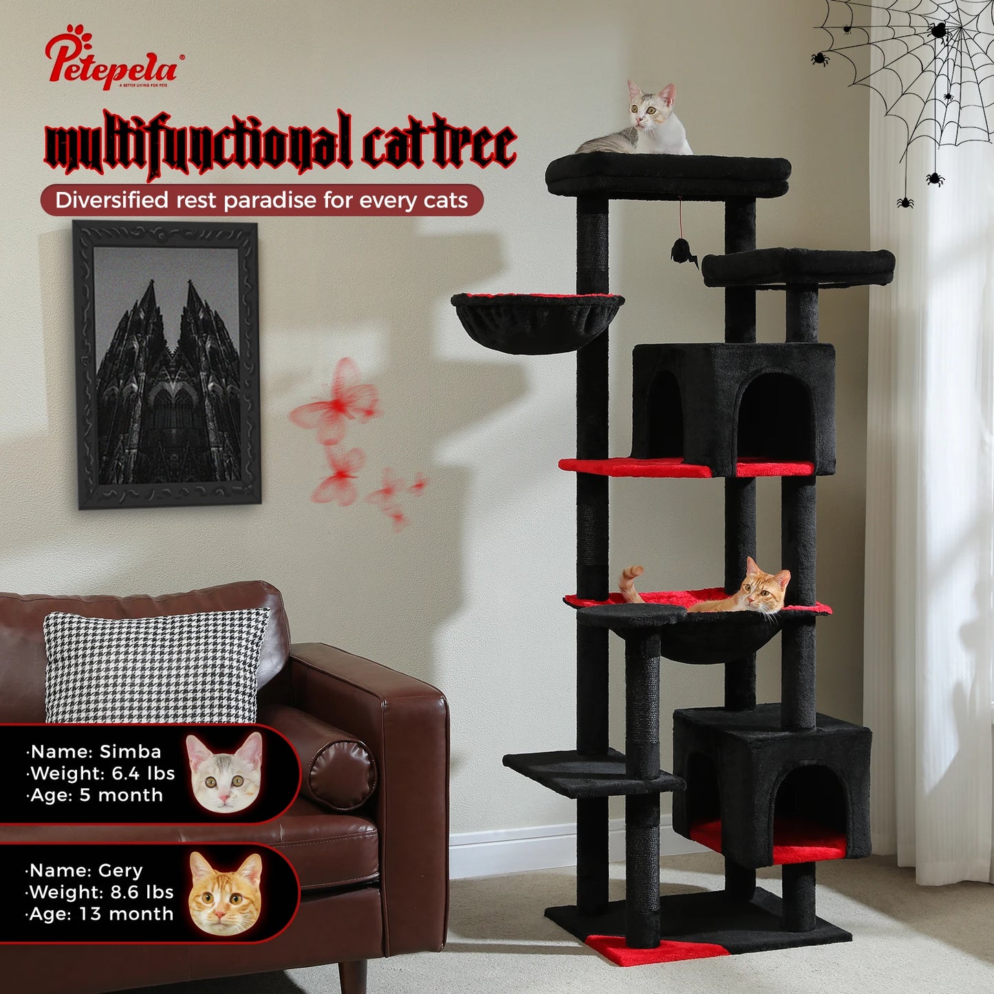 Tall Cat Tree Tower with Super Large Hammock & Condo - front view