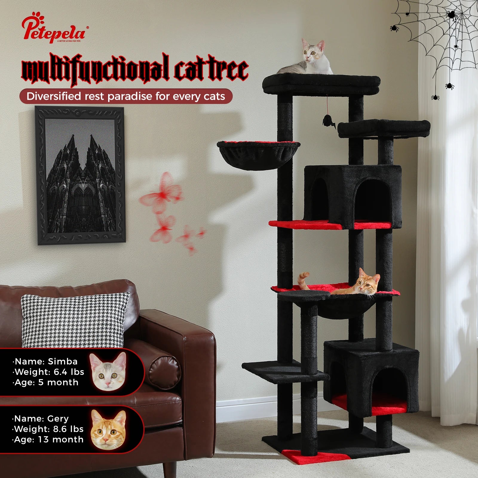 Tall Cat Tree Tower with Super Large Hammock & Condo - front view