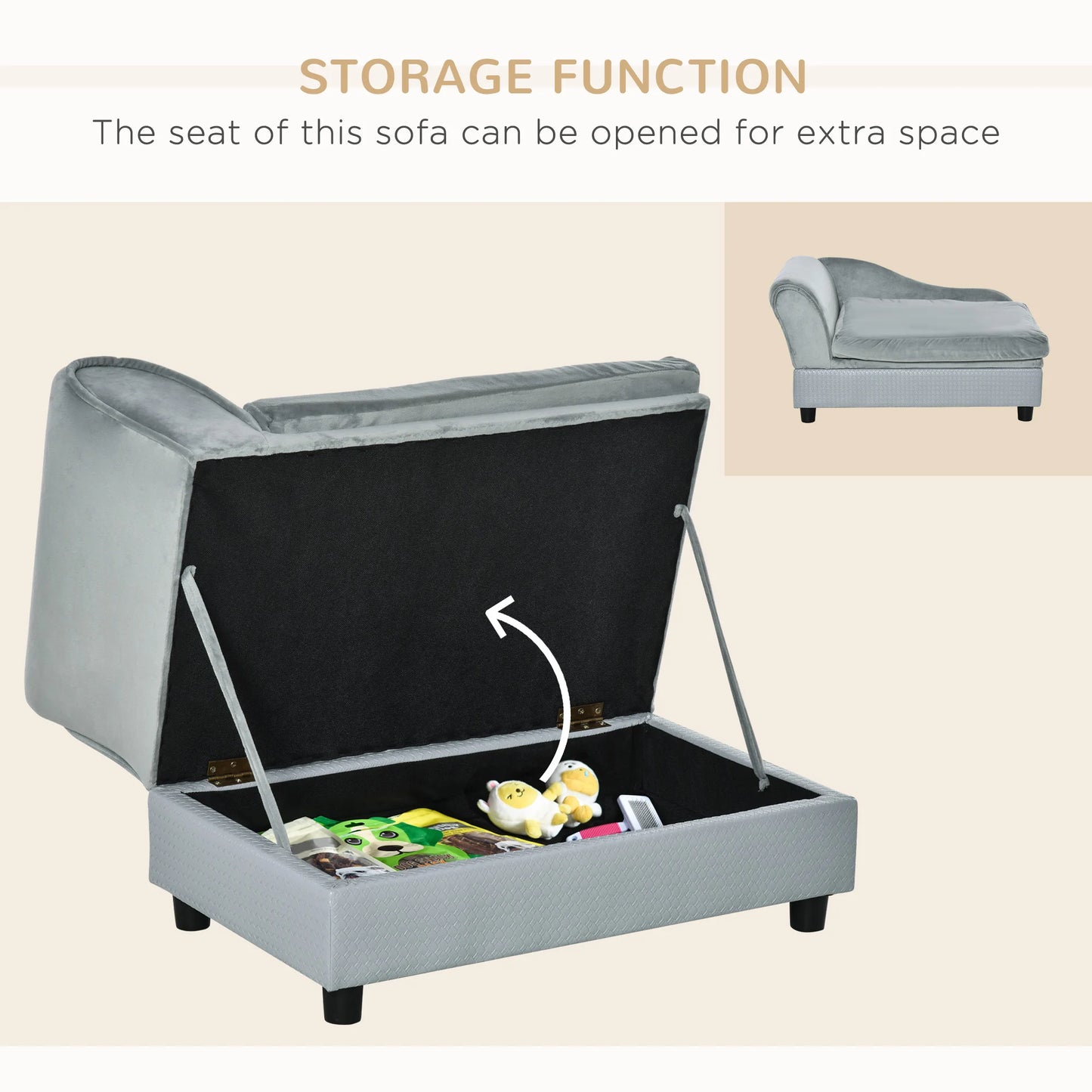 Luxury Dog Sofa Bed with Hidden Storage 2 Soft Foam Modern Pet Furniture for Puppies Pale Gray