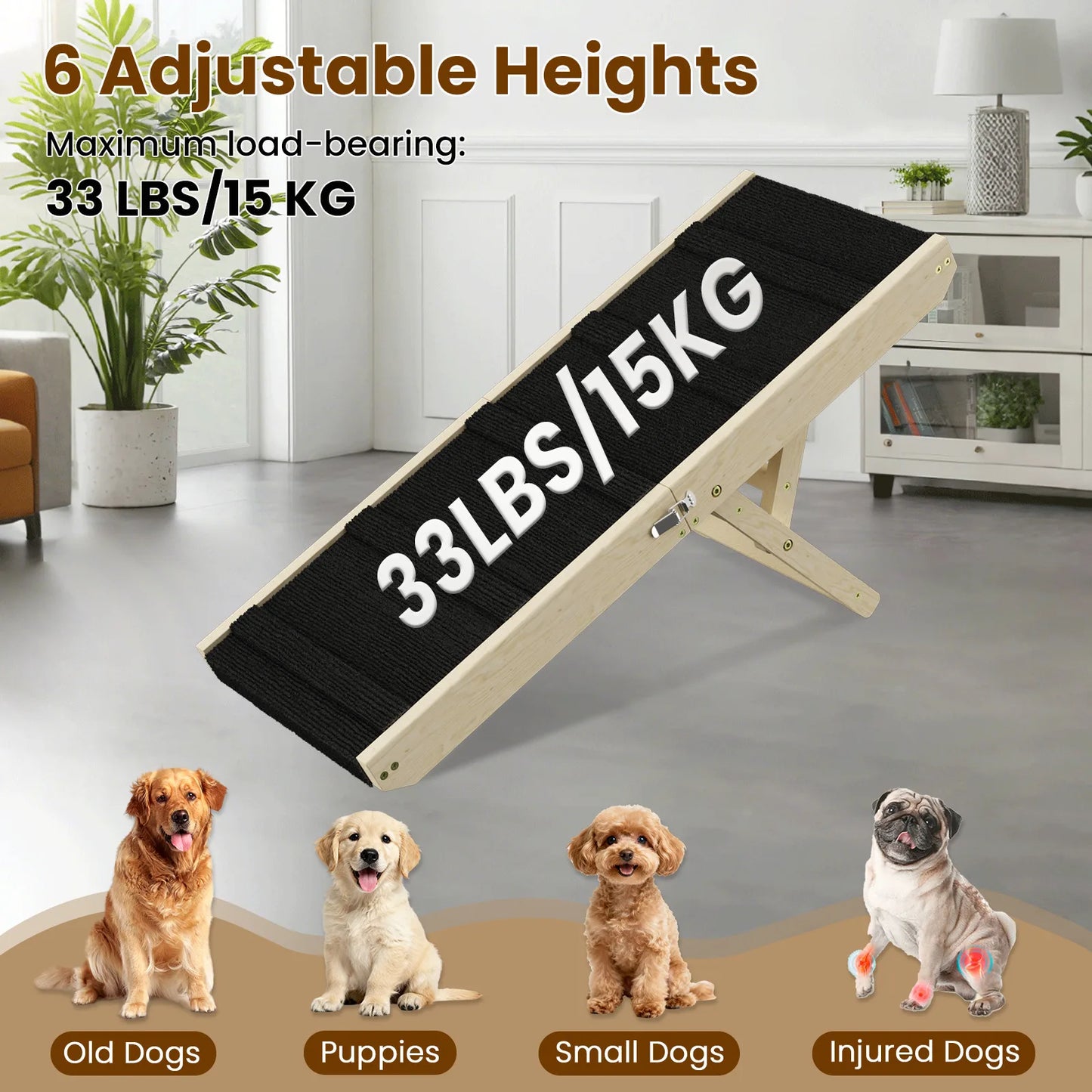 Wood Dog Ramp for Bed, 6-Level Adjustable Height (9" to 18.5") Pet Ramp with Non-Slip Surface for Couch, Bed and Car, Foldable Dog Stairs for Small Dogs, Senior Dogs & Injured Pets, Up to 33LBS