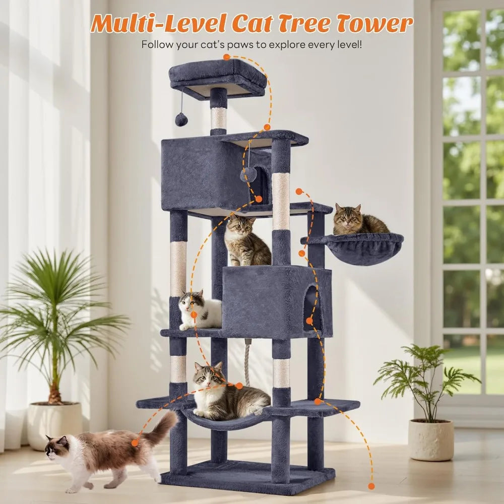 66 Inch Cat Tree Tower, Multi-Level Cat Climbing Tower with Sisal Scratching Posts, Hammock, Pet Condo for Indoor Cats, Dark Grey