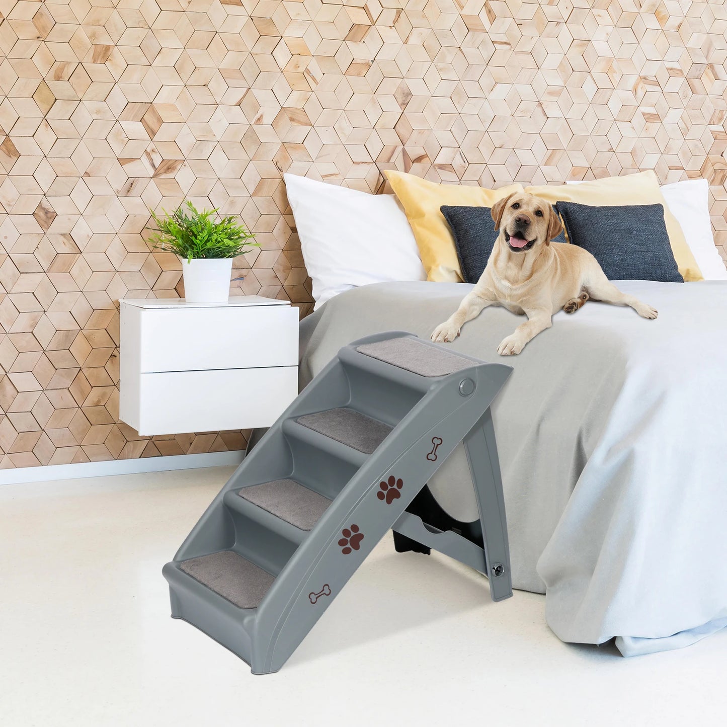 Dog Stairs Foldable Pet Steps Ramp Ladder Anti-Slip w/4 Step for High Bed Sofa
