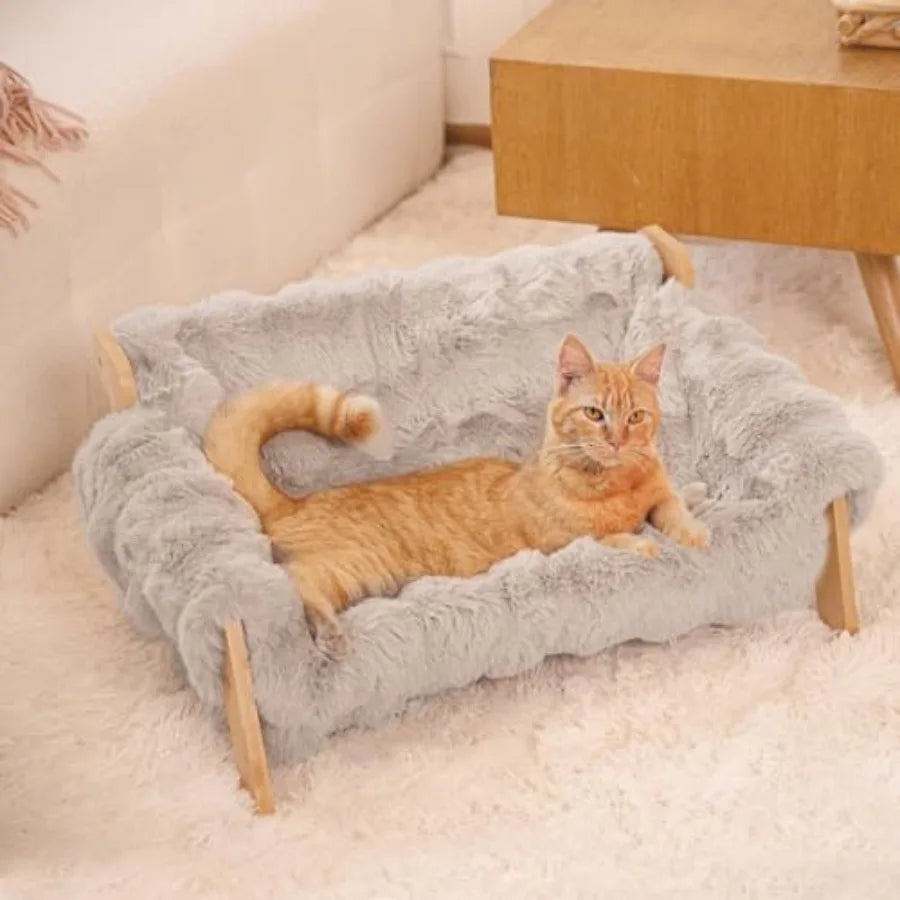 Elevated Cat Couch Bed for Indoor Cats, Wooden Cat Sofa with Removable Washable Fluffy Cover Raised Kitty Lounge Chair Suitable