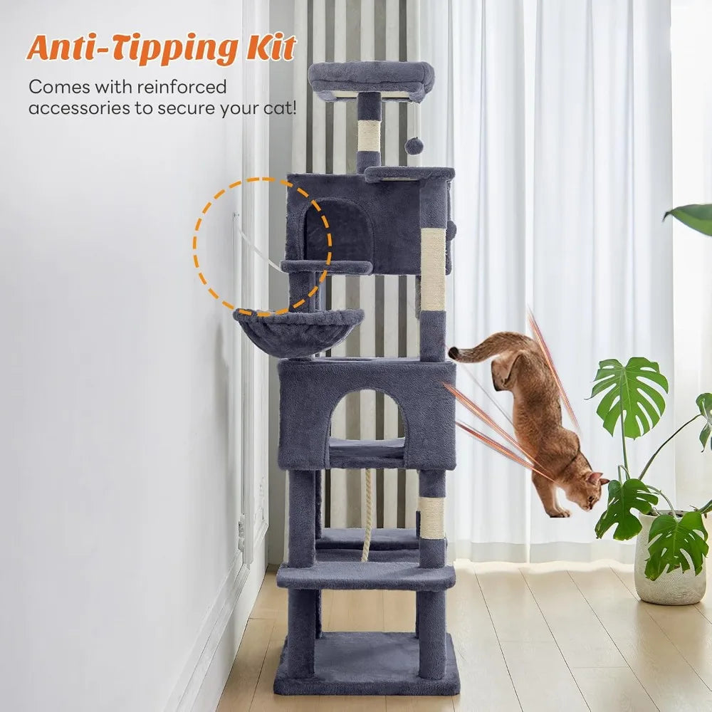 66 Inch Cat Tree Tower, Multi-Level Cat Climbing Tower with Sisal Scratching Posts, Hammock, Pet Condo for Indoor Cats, Dark Grey
