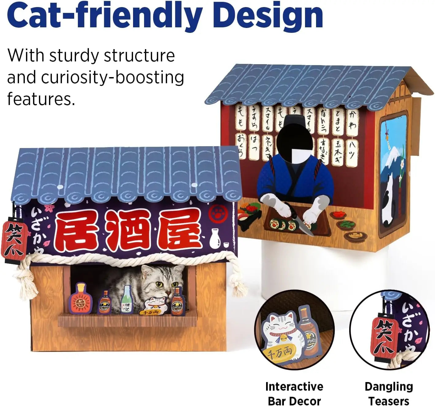 Cat Bed Cardboard House with Scratcher, Izakaya Bar Style, Large Sturdy Indoor Cat Furniture Tent, Easy Assembly Pet Toys