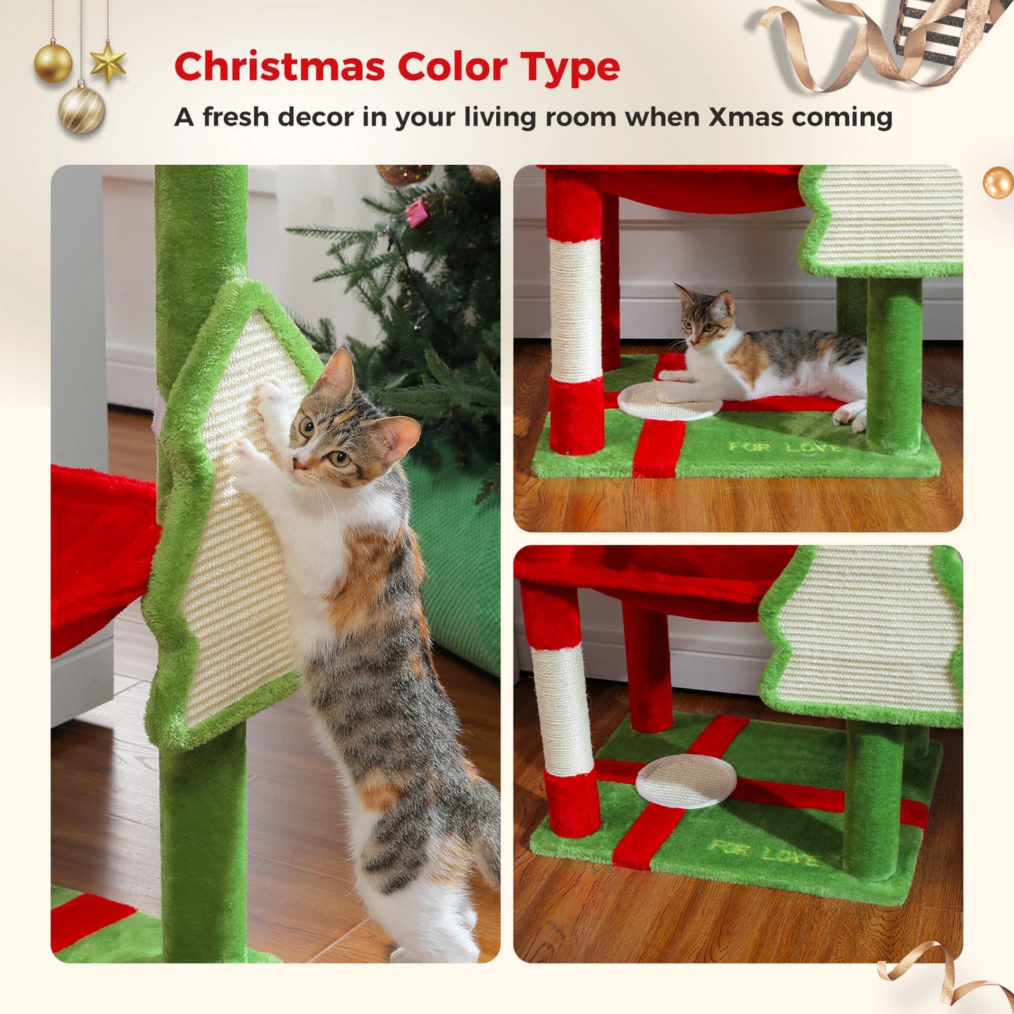 Christmas Cat Tree with Sisal Posts, Condo & Hammock