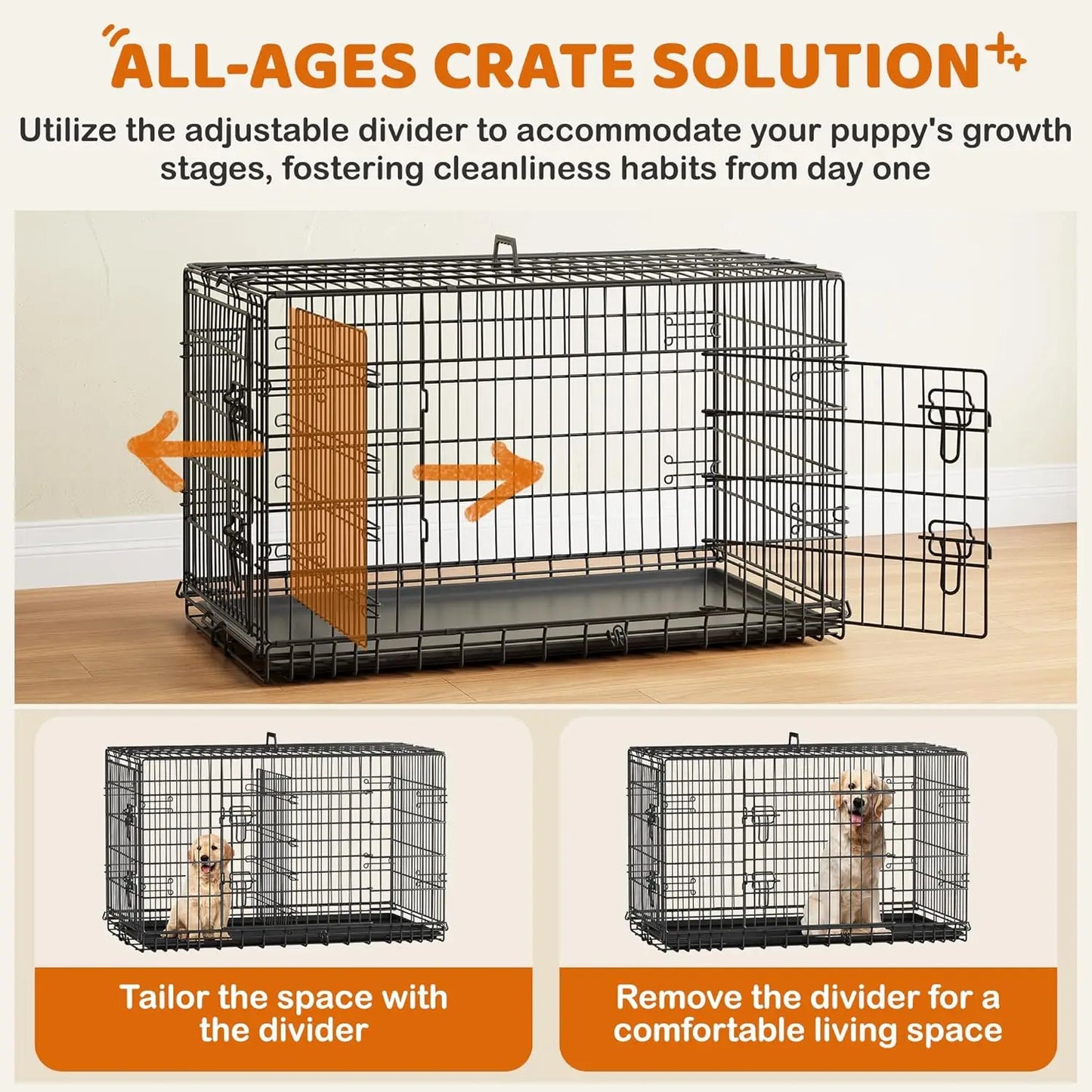42" Double Door Dog Crate w/ Divider, Collapsible Metal Kennel for Large Dogs, Portable Travel Cage, Black