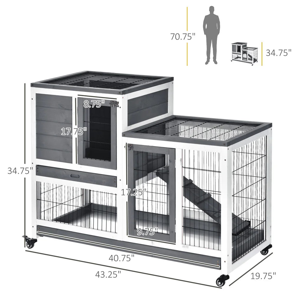 PawHut Wooden Rabbit Hutch: Elevated Indoor Small Animal Habitat with Enclosed Run, Wheels, Ramp, Removable Tray - Ideal for Guinea Pigs, Grey