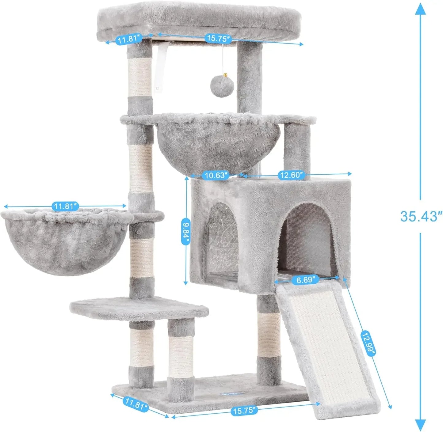 Cat Tree for Indoor Cats, Large Padded Bed, Hammocks, Sisal Scratching Posts, Light Gray