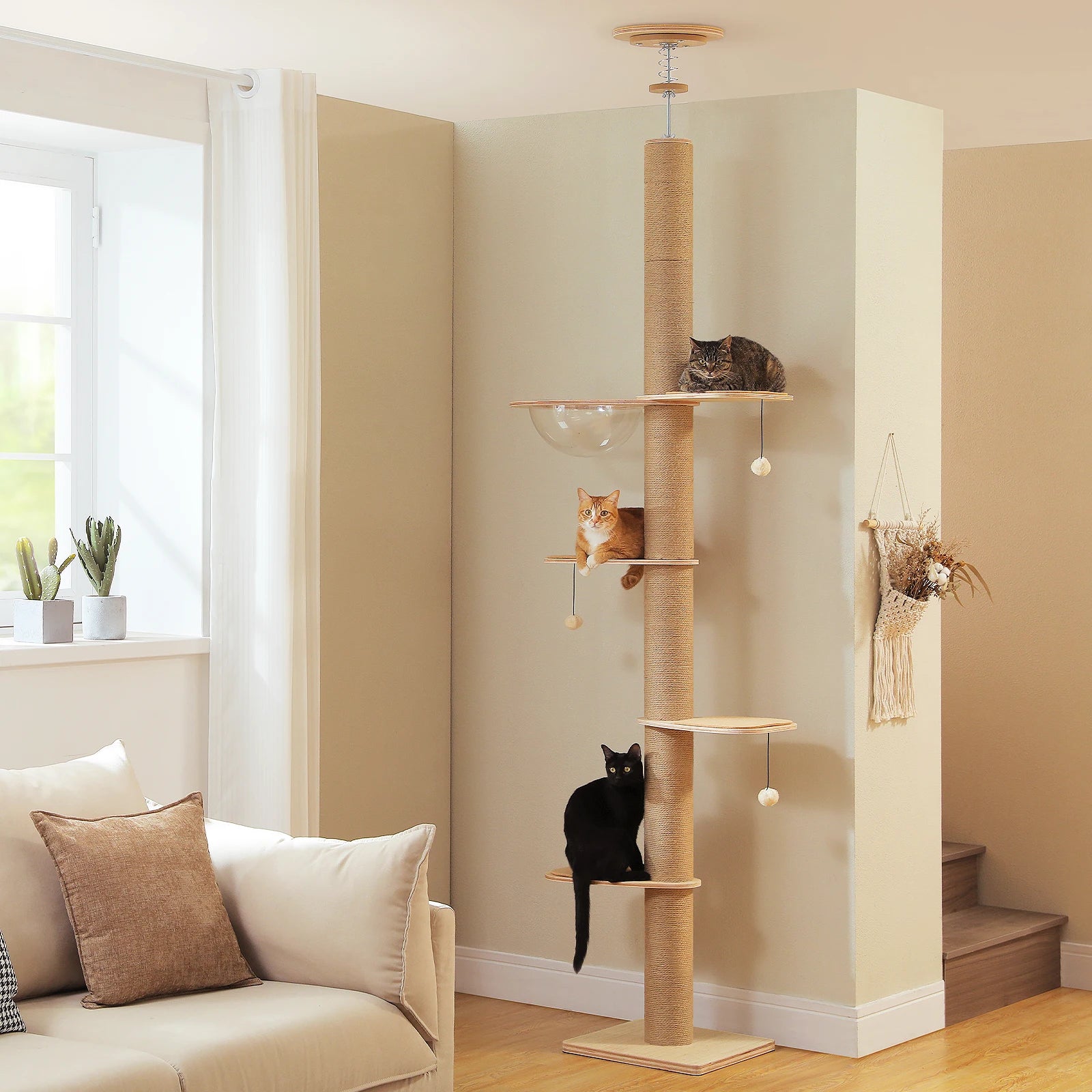 Floor-to-Ceiling Cat Tree with Scratching Posts & Acrylic Cave - front view