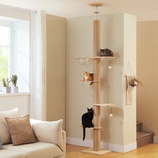 Floor-to-Ceiling Cat Tree with Scratching Posts & Acrylic Cave - front view