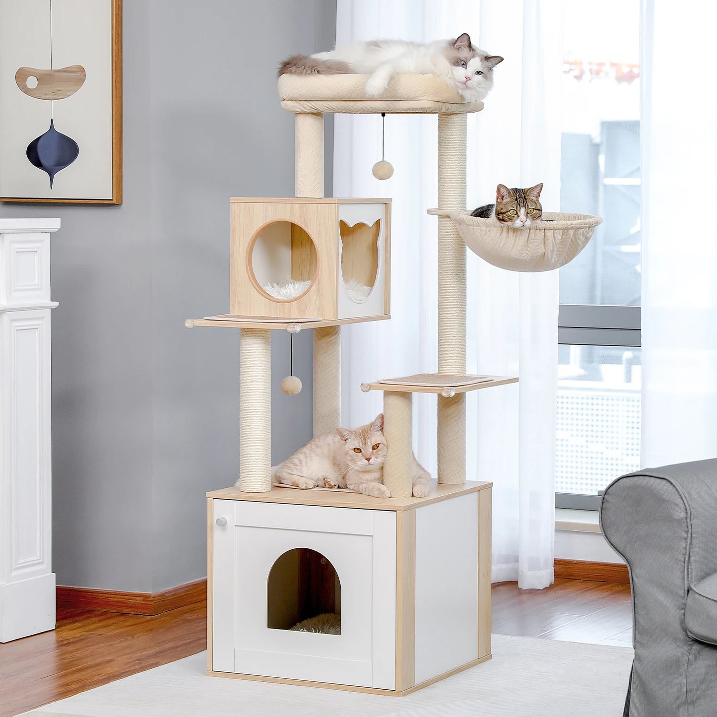 Multi-Level Wood Cat Tree with Condo, Hammock & Perch